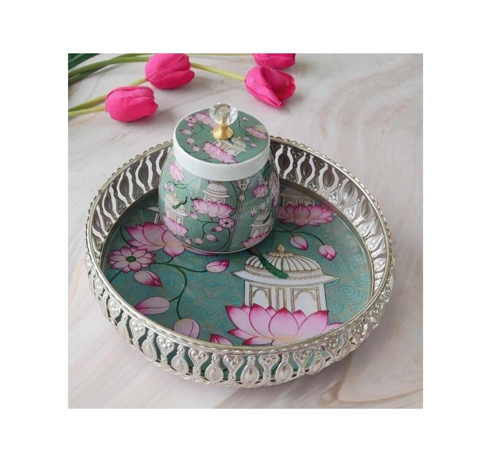 Metal gifting pichwai tray by Rayan International