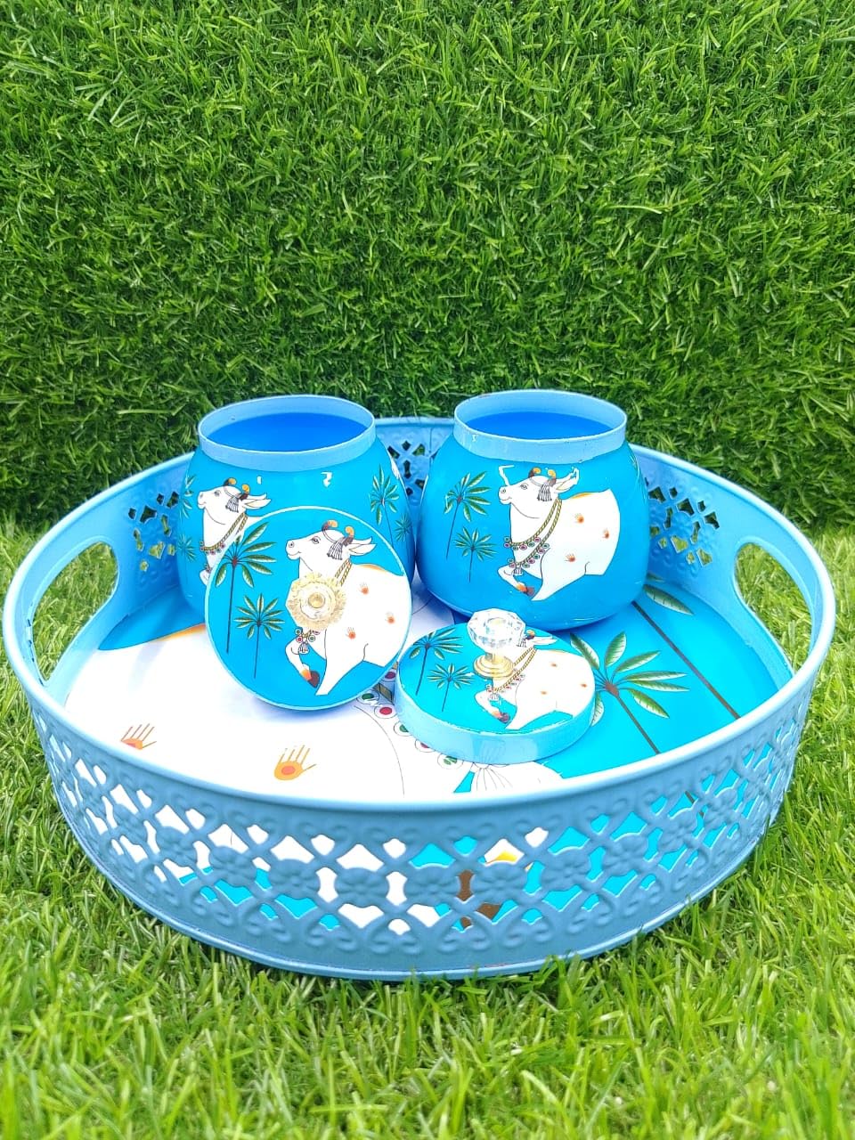 Pichwai Tray with Two Airtight Jars by rayan international