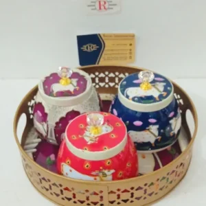 Metal Gifting Pichwai Printed Tray With 3 Dry Fruits Jars