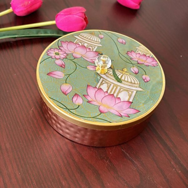 Round Lakshmi Print Red Metal Box - Image 3