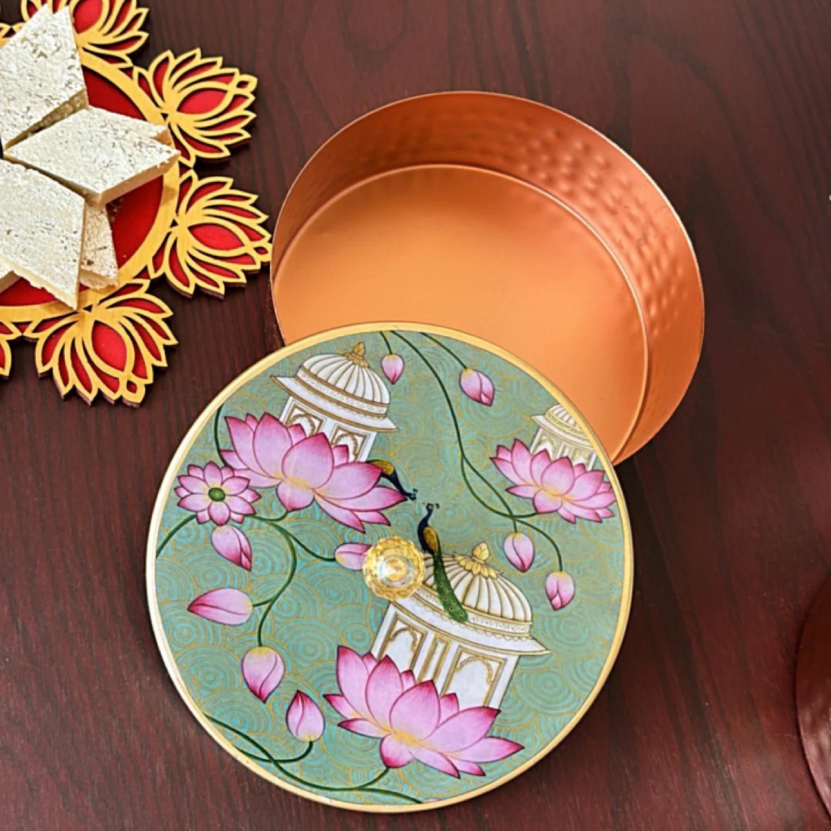 Round Lakshmi Print Red Metal Box by Rayan international