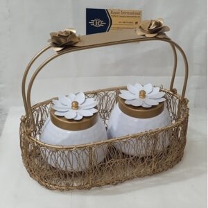 Silver Iron Gold Metal Oval Basket With 2 Jar