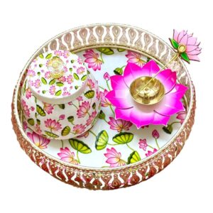 German Silver Tray with Jar,Diya,Lotus Diya Stick