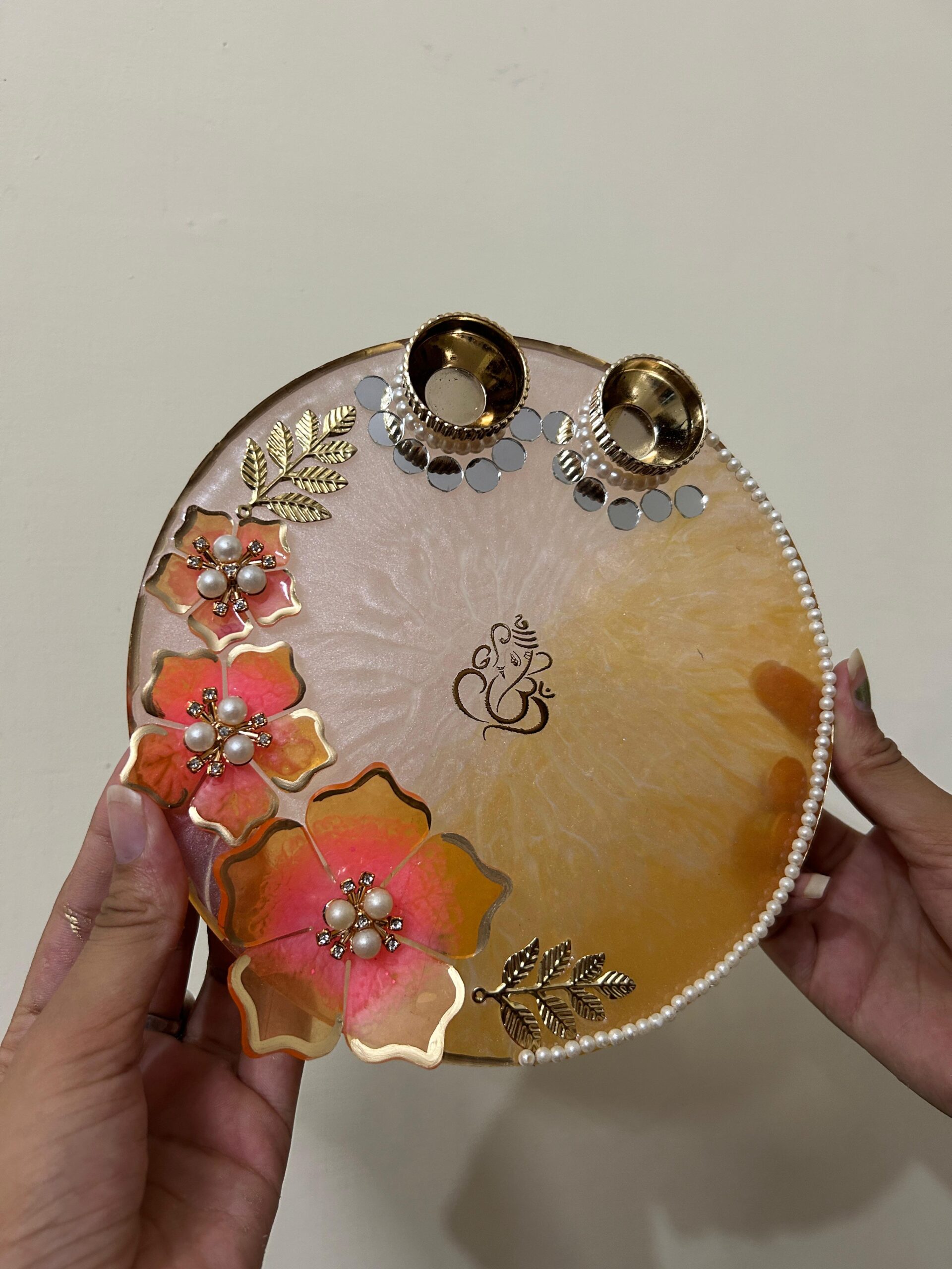 Handmade Resin Ganesh Pooja Thali with Tealight Holders Decorative Floral Puja Plate Diwali & Wedding Gift Home Temple Decor - Image 3